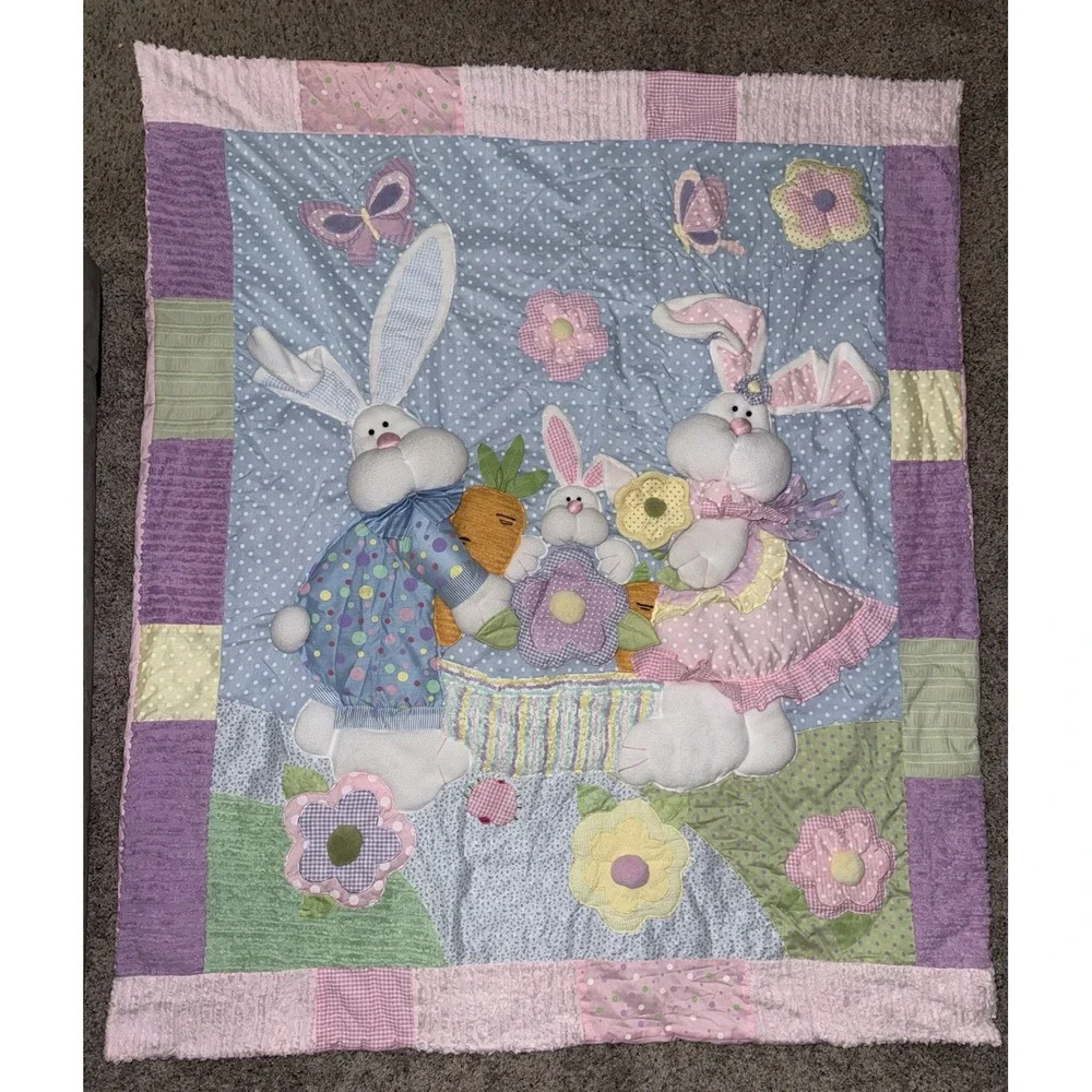 Vintage‎ Baby Bunny Patchwork Quilt 3D Appliqué Pastel Nursery Quilt 58x50